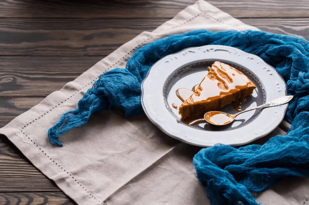 Caramel sauce on a piece of pie.