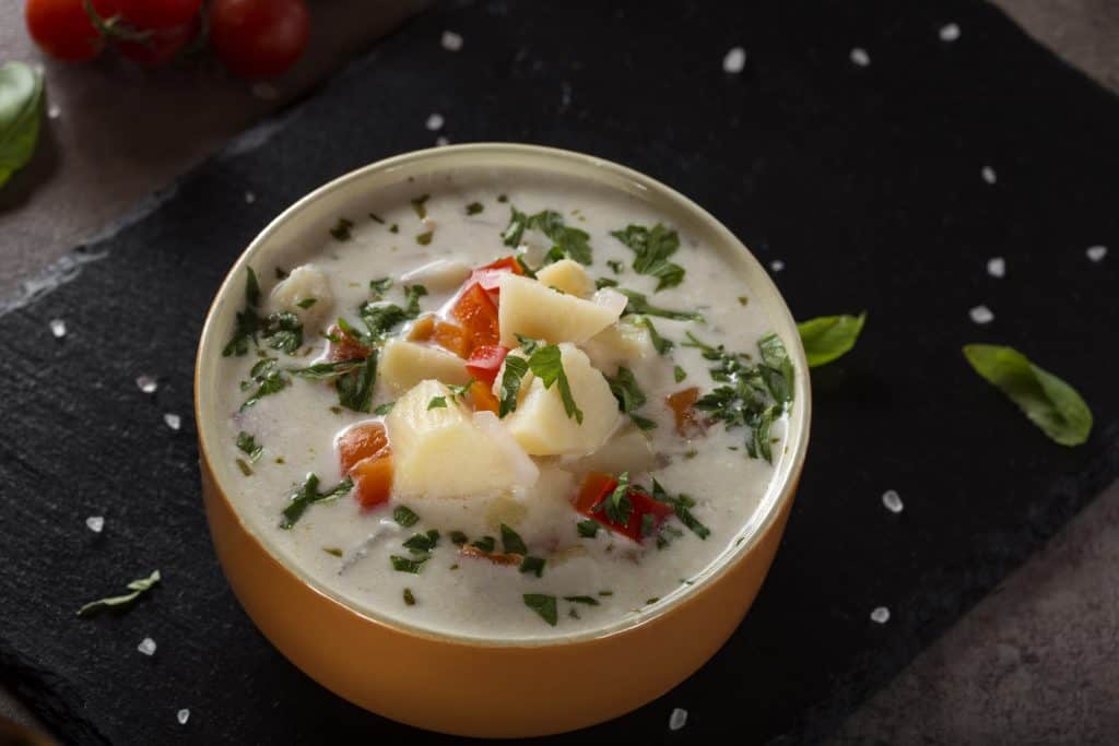 Yummy potato soup in a bowl.